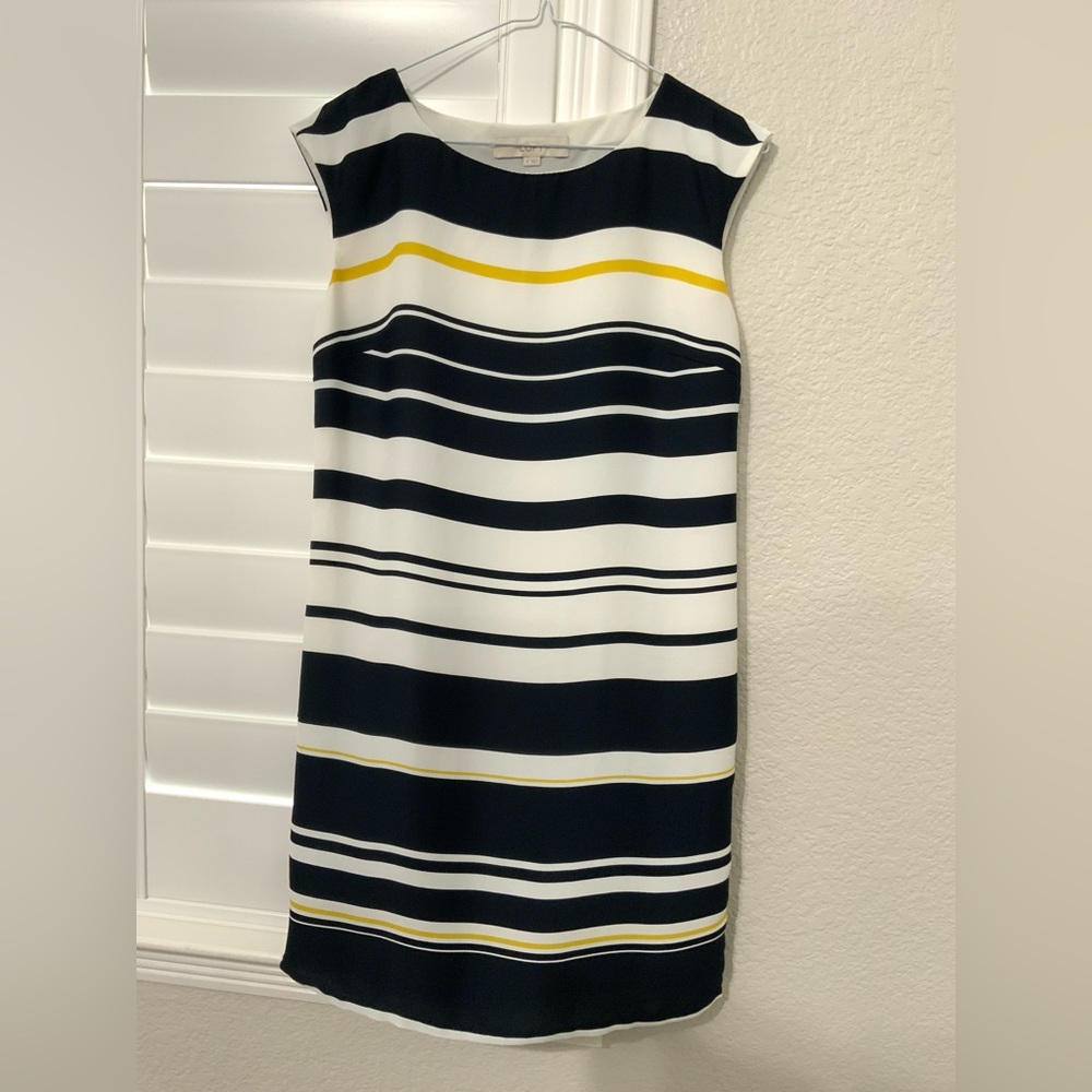ann taylor loft navy, white, & yellow striped sleeveless shift dress
